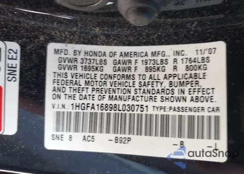 2008 Honda Civic Ex из США, поврежденный, VIN 1HGFA16898L030751